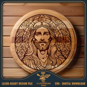 Vitral Jesus Cristo - Tábua de corte redonda SVG / tábua de frios arquivo a laser - Lazy Susan Design para gravação a laser
