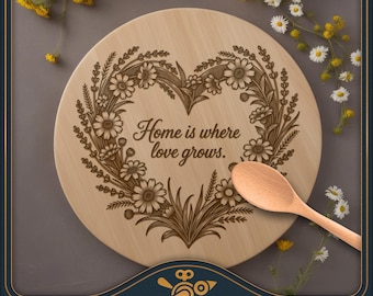 Home Is Where Love Grows Hartkrans rond bord SVG – lasergravureontwerp