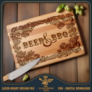 Bière et barbecue - planche pour barbecue SVG / fichier laser de planche à découper - conception de style vintage pour la gravure au laser