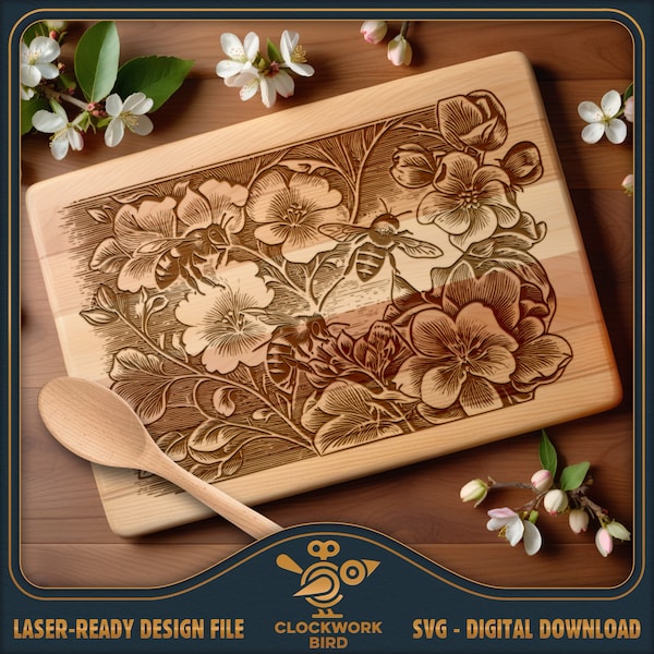 Honeybee and blossom Cutting board SVG / charcuterie board laser file - Vintage style design for laser engraving