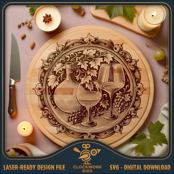 Charcuterie board SVG: Wine and grapes - Circle / round cutting board / lazy Susan laser file for cutting and engraving