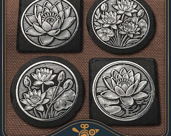Waterlily Coaster Set Laser Files: Vintage Slate Engraving Design (SVG, PDF, PNG)