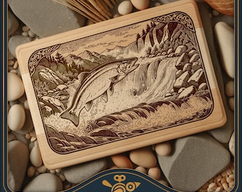 Puede incluir: Una tabla de cortar rectangular de madera con una ilustración grabada a láser en marrón oscuro de una trucha saltando de un río cerca de una cascada. El diseño incluye un borde decorativo de estilo celta en las esquinas y un paisaje montañoso.