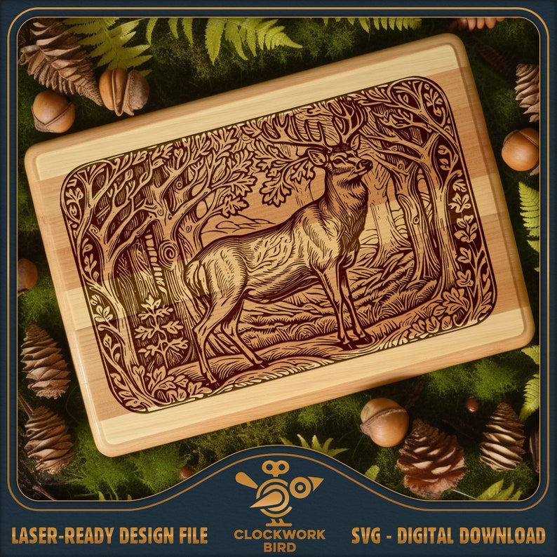 May include: A laser-cut wooden cutting board with a detailed illustration of a deer standing in a forest. The deer has large antlers and is surrounded by trees and foliage. The cutting board is made of light-colored wood and has a natural finish.