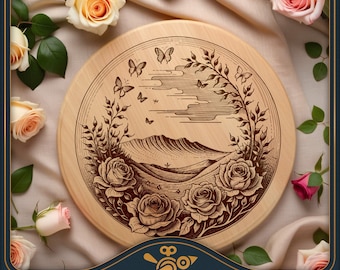 Charcuterie board SVG: Roses & Butterflies - Lazy Susan / round cutting board design SVG laser file for cutting and engraving