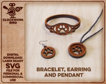 Dog Paw / Footprint wooden jewelry set (bracelet, earring, pendant) - Unique laser cut file