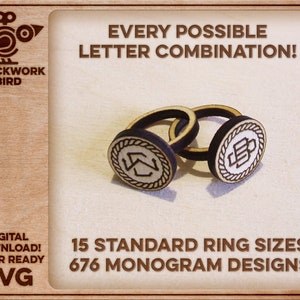 Zegelring of monogramring - houten ring in 15 maten, 676 vooraf ontworpen monogrammen (volledig alfabet A-Z) - uniek lasergesneden bestand