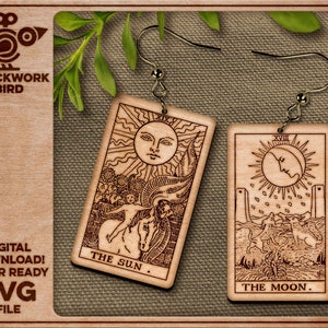 Boucles d'oreilles carte de tarot céleste : le soleil et la lune - Fichier unique découpé au laser