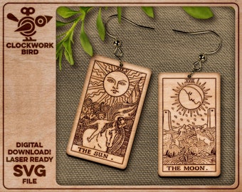 Celestial tarot card earrings: The Sun and The Moon - Unique laser cut file