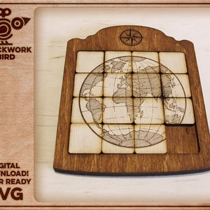 Sliding puzzle template (2 layers) - 4x4 tiles, customizable image! SVG file for laser cutting and engraving