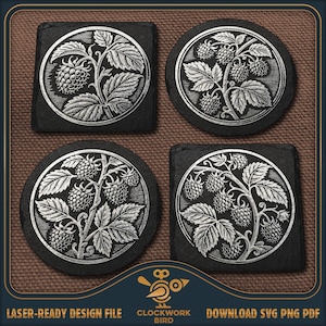 May include: Four black slate coasters featuring white engraved illustrations of raspberry branches with leaves and berries. Two coasters are square and two are circular. The bottom text reads: Laser-ready design file, Clockwork Bird, Download SVG PNG PDF.