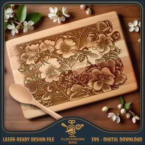 Schneidebrett SVG: Illustration von Honigbiene und Blüte (Laserdatei)