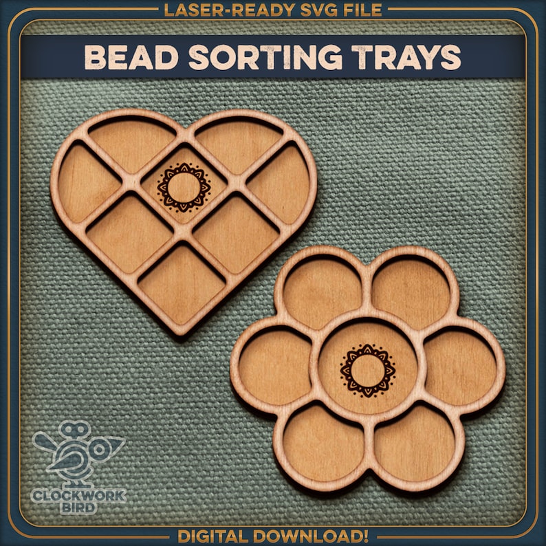 May include: Two wooden bead sorting trays, one shaped like a heart and the other like a flower. Both trays have multiple compartments for sorting beads.