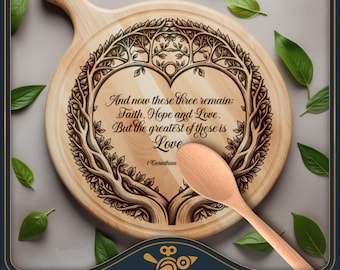 Tabla de cortar Fe Esperanza Amor SVG - Diseño redondo vintage para charcutería