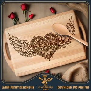 Coeur floral ailé, planche à découper Saint-Valentin SVG / fichier laser de planche de charcuterie - conception de style vintage pour la gravure au laser