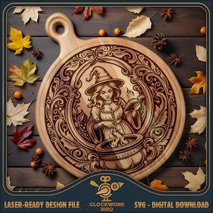 May include: A round wooden cutting board featuring a laser-engraved illustration of a witch wearing a pointed hat, holding an open book, and stirring a cauldron. The design is surrounded by intricate scrollwork and decorative floral patterns.