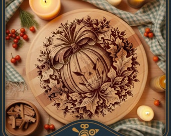 Charcuterie board SVG: Jack-o'-lantern / Halloween pumpkin - Circle / round cutting board / lazy Susan laser file for cutting and engraving