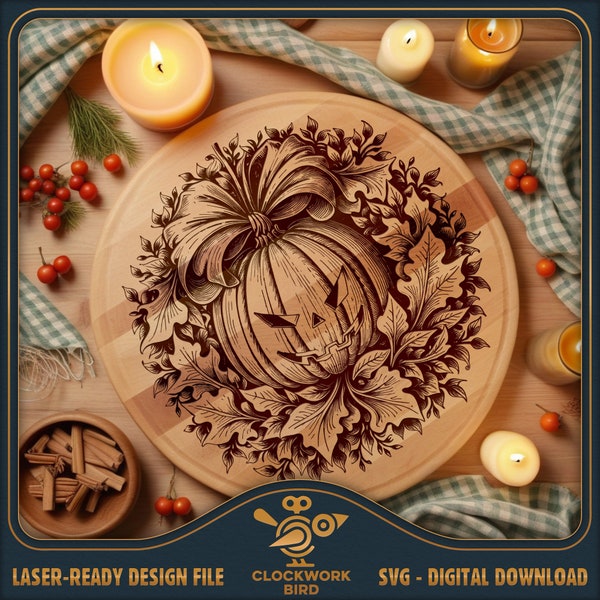 Charcuterie board SVG: Jack-o'-lantern / Halloween pumpkin - Circle / round cutting board / lazy Susan laser file for cutting and engraving