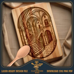 May include: A laser-cut design of a detailed, intricate, and ornate stone staircase inside a grand building. The design is on a wooden cutting board.