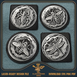 May include: Four black slate coasters with engraved insect designs. The set includes square and round coasters, each featuring detailed illustrations of a cicada, bee, and dragonfly. The coasters have a decorative border.