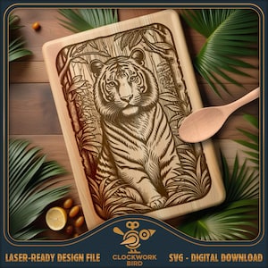 Tiger - Tagliere rettangolare SVG / file laser per salumi - Design in stile vintage per l'incisione laser