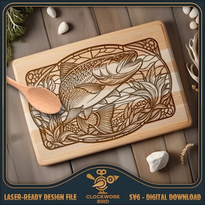 Vetrata di trota - Tagliere rettangolare SVG / file laser per salumi - Design in stile vintage per l'incisione laser