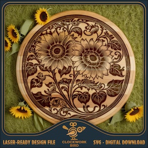 Tábua de corte redonda SVG / arquivo a laser para tábua de charcutaria: Girassóis - Lazy Susan Arquivo de design para gravação a laser