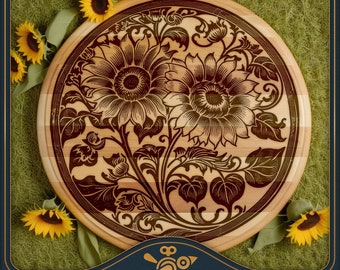 Rundes Schneidebrett SVG / Charcuterie Brett Laser-Datei: Sonnenblumen - Lazy Susan Design-Datei für die Lasergravur