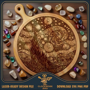 Nuit étoilée, planche à découper ronde de style Vincent Van Gogh SVG / fichier laser de planche de charcuterie vintage - Lazy Susan Design pour la gravure au laser
