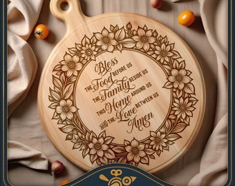 Kitchen Blessing / Prayer - Round Cutting board SVG / charcuterie board laser file - Lazy Susan Design for laser engraving