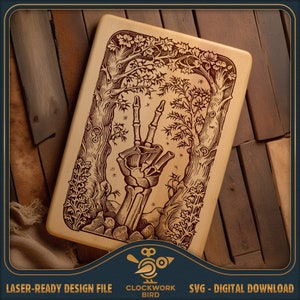 May include: A laser-cut wooden cutting board with a detailed design of a skeletal hand making the peace sign surrounded by trees and foliage.