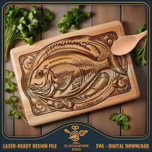 Piatto di pesce - Tagliere rettangolare SVG / file laser per salumi - Design in stile vintage per l'incisione laser
