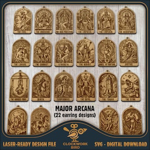Set di orecchini con carte dei Tarocchi degli Arcani Maggiori (22 modelli) - File laser esclusivi per orecchini con Arcani Maggiori in formato SVG, PDF e PNG