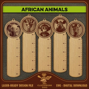 Set di segnalibri animali carini: Animali africani - Set segnalibro SVG per bambini con righello in cm e pollici / file laser illusione 3D