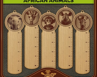 Cute animal bookmark set: African Animals - Bookmark SVG set for kids  with cm & inch ruler / 3D illusion laser file