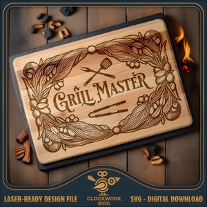 Grill Master - BBQ Board SVG / Archivo láser de tabla de cortar - Diseño de estilo vintage para grabado láser
