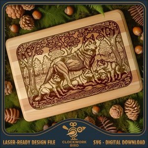 Fichier laser pour planche à découper SVG / planche à charcuterie : Loup avec chiots, famille - Planche à découper Fichier pour gravure laser