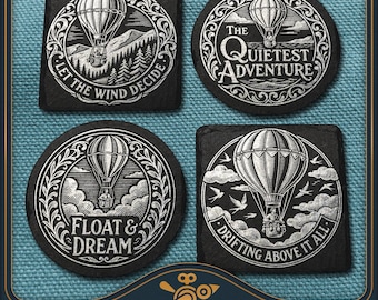 Hot Air Balloon Coaster Set Laser Files: Vintage Slate Engraving Design (SVG, PDF, PNG)