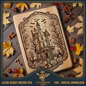 Halloween Haunted House - snijplank SVG / charcuteriebord laserbestand - vintage stijl ontwerp voor lasergravure