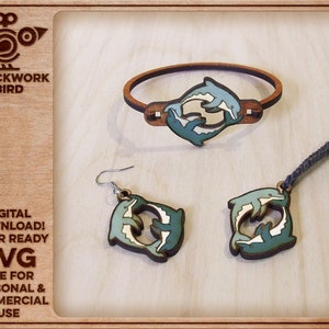 Ensemble de bijoux en bois jouant des dauphins (bracelet, boucle d'oreille, pendentif) - Fichier unique découpé au laser
