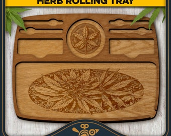 Rolling tray with hemp leaf ornaments - SVG laser cut file