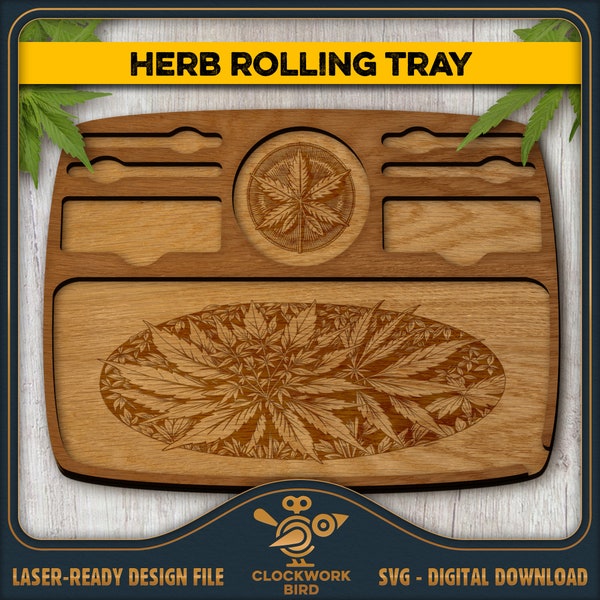 Rolling tray with hemp leaf ornaments - SVG laser cut file