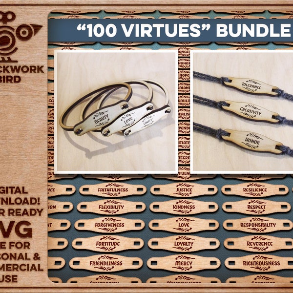 100 virtues - 100 bracelet designs - Unique laser cut jewelry file (Glowforge ready SVG)