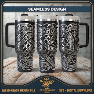 Archivo SVG para grabado láser de vaso con adorno vikingo/celta sin costuras: diseño de patrón de estilo vintage para grabado láser de vaso de 40 oz