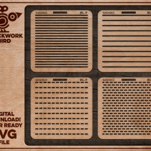 Puede incluir: Cuatro patrones de bordado sashiko descargables digitalmente. Los patrones están etiquetados como "Sashiko" y "刺し子" en japonés. Los patrones son para corte por láser y están listos para ser utilizados en proyectos de bordado.