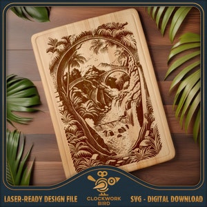 May include: A laser-cut design featuring a waterfall cascading through a lush forest, framed by a circular archway. The design is on a wooden cutting board, perfect for adding a touch of nature to your kitchen.