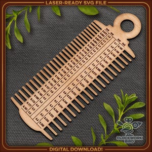 May include: A light-coloured wooden drill bit gauge featuring a series of slots with corresponding numerical measurements in inches and millimetres printed clearly on the surface, designed for identifying drill bit sizes with precision.