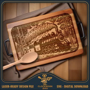 May include: A rectangular wooden cutting board with black side handles features a laser-engraved illustration of a steam locomotive traveling through a forest. A light-colored wooden spoon rests diagonally across the bottom left corner of the board.