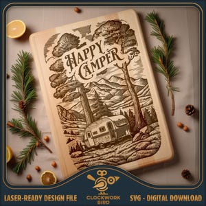 Happy Camper Cutting Board SVG - Vintage Laser Engraving Design
