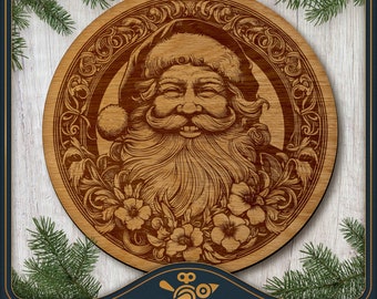 Laser engraving file: Santa Claus, Christmas Lazy Susan / Circle charcuterie cutting board SVG design laser file for engraving